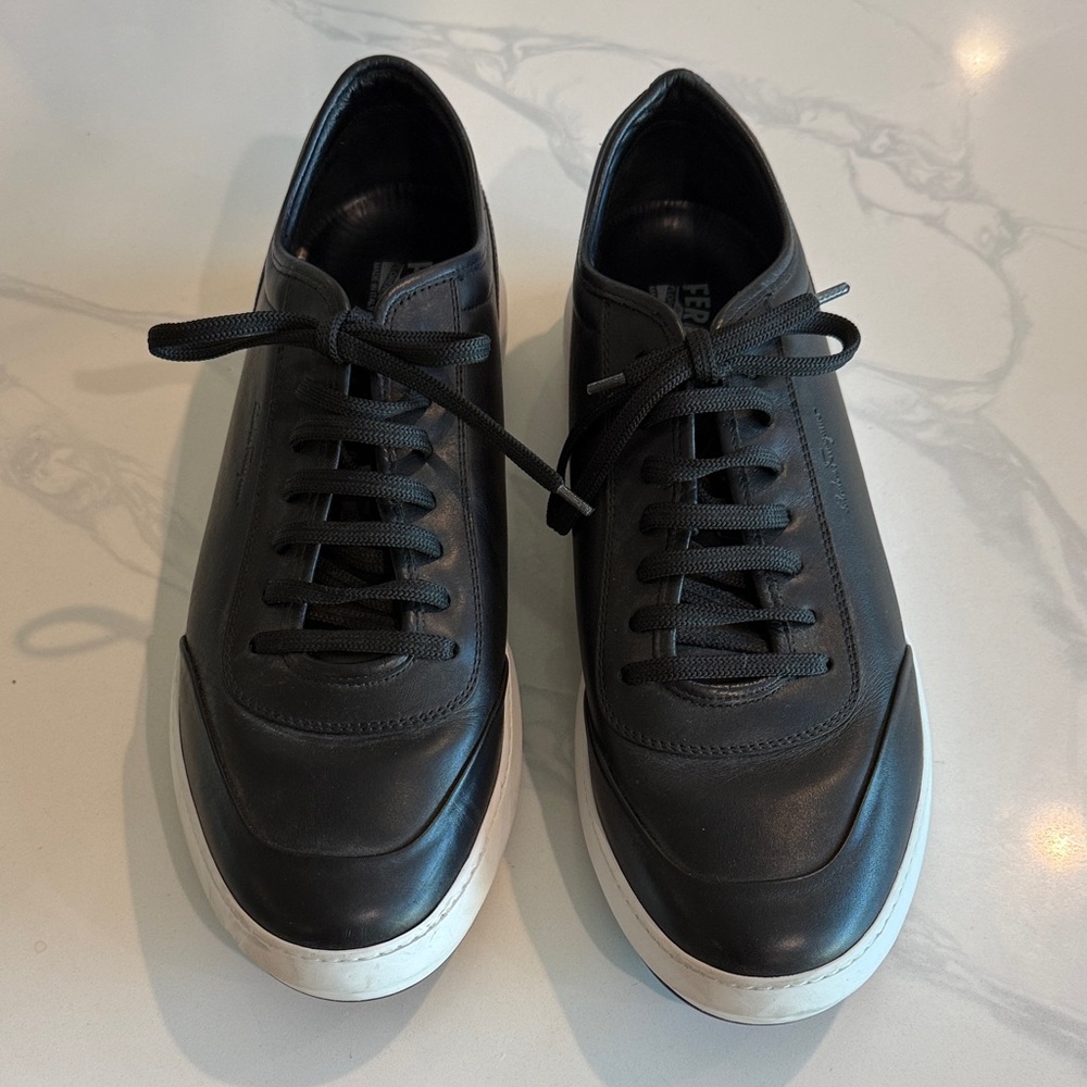Salvatore Ferragamo Men's Black Leather Low-Top Sneakers Size 13